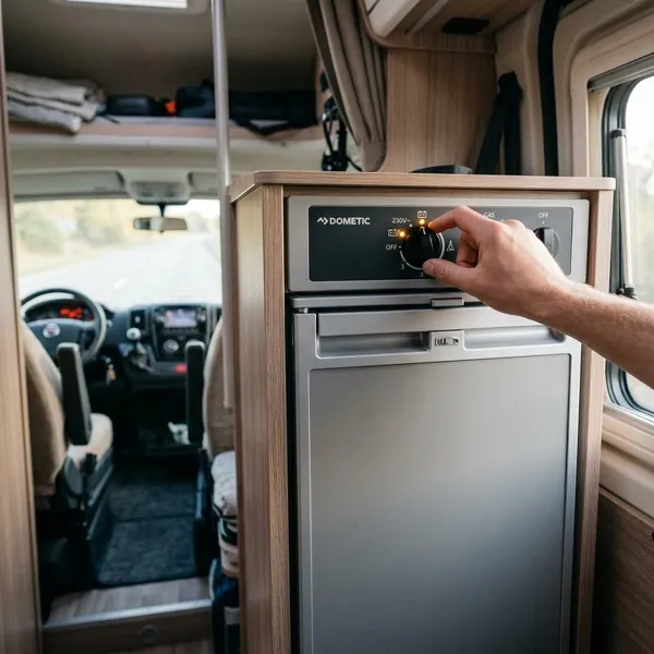 Camper koelkast aanzetten op 230V